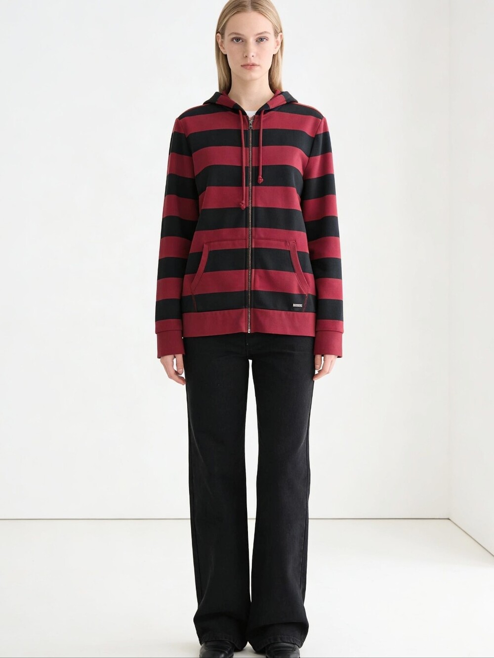 EXPRESS Women's Hoodie Red Black Full Zip Long Pockets MEDIUM